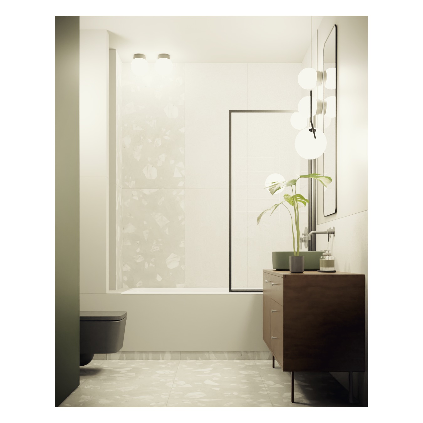 Nowoczesna łazienka w neutralnych kolorach z akcentami drewna: wisząca toaleta, umywalka nablatowa z rośliną, lustro i lampa kulista.