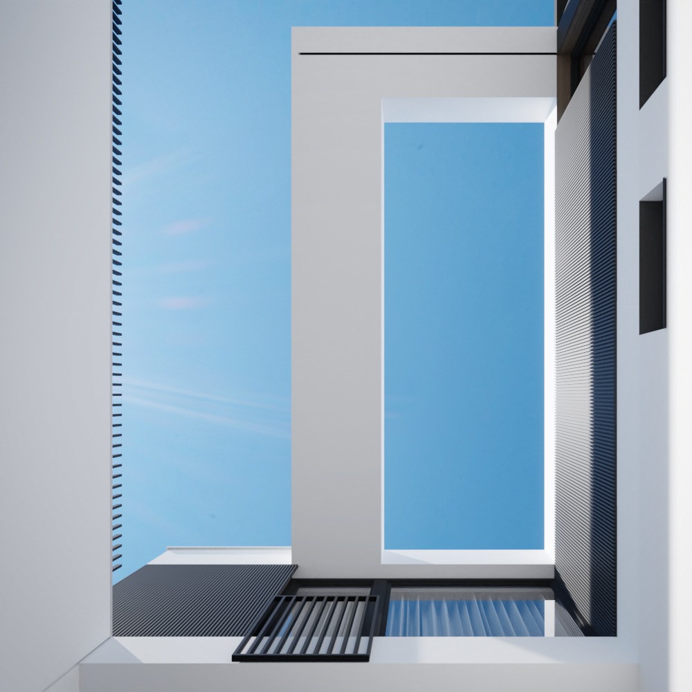 Minimalistyczna elewacja budynku z widokiem na błękitne niebo przez prostokątne otwory, czarno-biała kolorystyka, nowoczesna architektura.