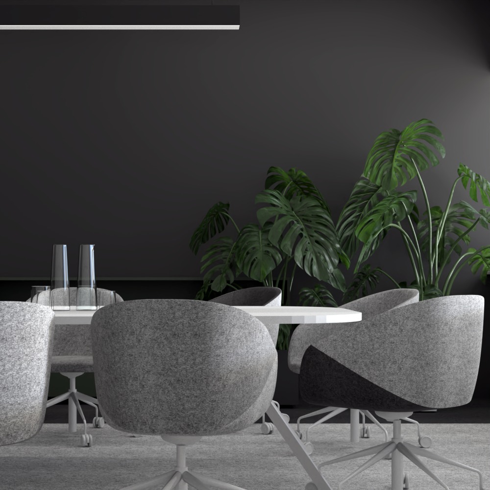 Minimalistyczna sala konferencyjna z okrągłym białym stołem, szarymi krzesłami na kółkach i roślinami Monstera na tle ciemnej ściany.