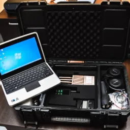 Otwarta czarna walizka z piankowym wnętrzem, zawierająca laptop, słuchawki, anteny i inne urządzenia elektroniczne na drewnianym stole.