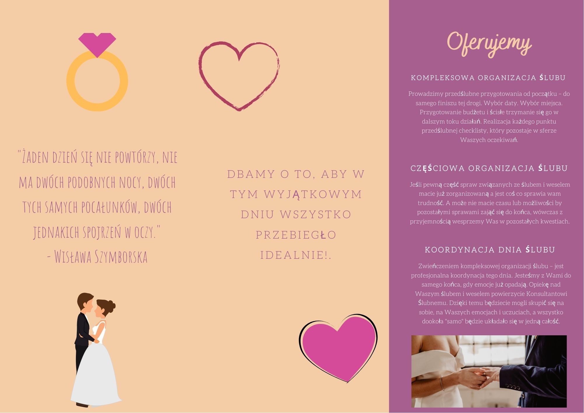 Grafika reklamowa usług organizacji ślubów, zarys obrączki z brylantem, serce, sylwetki pary młodej i fragmenty tekstu o kompleksowej i częściowej organizacji ślubu oraz koordynacji dnia ślubu.