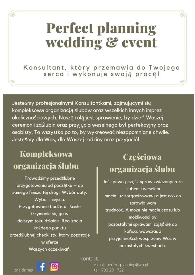 Ulotka reklamowa firmy oferującej kompleksową i częściową organizację ślubów i wesel pod nazwą Perfect planning wedding & event, z informacjami kontaktowymi i ikonami mediów społecznościowych.