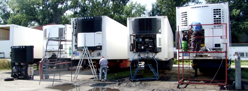 Serwis chłodniczy naczep: pracownicy na rusztowaniach naprawiają agregaty Carrier i Thermo King, widoczne butle z gazem chłodniczym.