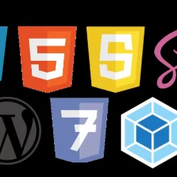 Zestaw ikon technologii webowych: HTML5, CSS3, Sass, WordPress, CSS7, Webpack na czarnym tle.