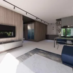 Wizualizacja przestronnego salonu z drewnianą ścianą, telewizorem, podłużną szafką RTV, oświetleniem szynowym, obrazem na ścianie, stołem z krzesłami oraz fragmentem sofy.