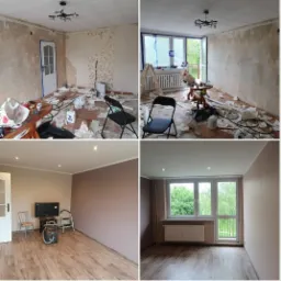 Montaż zdjęć 'przed i po' remontu pokoju: usunięte stare tapety i przygotowane ściany do malowania, a następnie pomalowane ściany na kolor beżowo-brązowy i ułożone panele podłogowe.