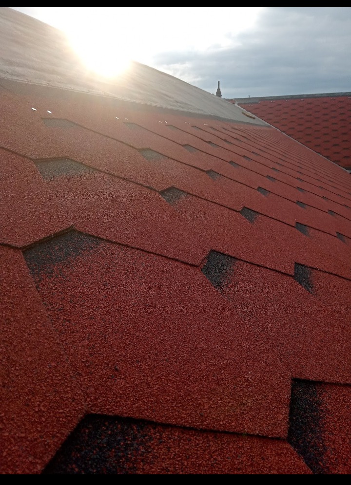 Czerwony dach pokryty gontem bitumicznym w kształcie łuski, widoczne łączenia i faktura materiału, z jasnym odblaskiem słońca w górnej części.