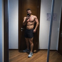 Adam Kowalski - Mężczyzna z wyraźnie zarysowanymi mięśniami brzucha, pozujący do selfie w sportowych szortach i butach, na tle drewnianych drzwi i podłogi.
