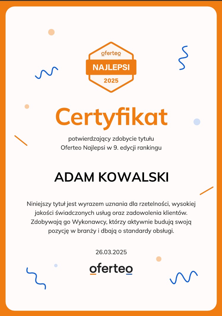 Certyfikat Oferteo Najlepsi 2025 dla Adama Kowalskiego, potwierdzający uznanie za rzetelność i jakość usług w 9. edycji rankingu. Pomarańczowe akcenty graficzne.