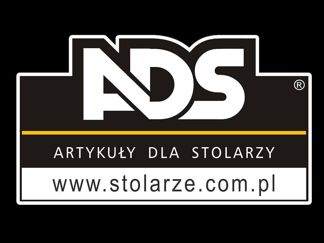 Logo firmy ADS oferującej artykuły dla stolarzy, z adresem strony internetowej www.stolarze.com.pl, na czarnym tle.