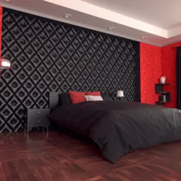 Sypialnia w odcieniach czerwieni i czerni z pikowaną, czarną ścianą za łóżkiem, wzorzysta czerwona tapeta po bokach, drewniana podłoga i designerska lampa podłogowa.