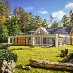 Wizualizacja nowoczesnego domu jednorodzinnego z płaskim dachem i drewnianą elewacją, otoczonego lasem i trawnikiem, w słoneczny dzień.