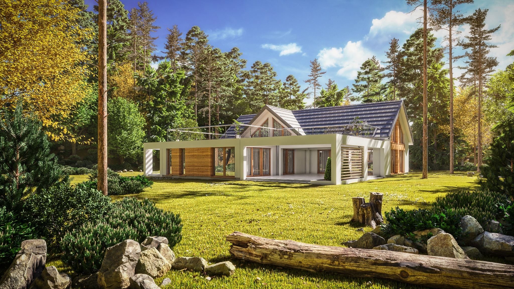 Wizualizacja nowoczesnego domu jednorodzinnego z płaskim dachem i drewnianą elewacją, otoczonego lasem i trawnikiem, w słoneczny dzień.