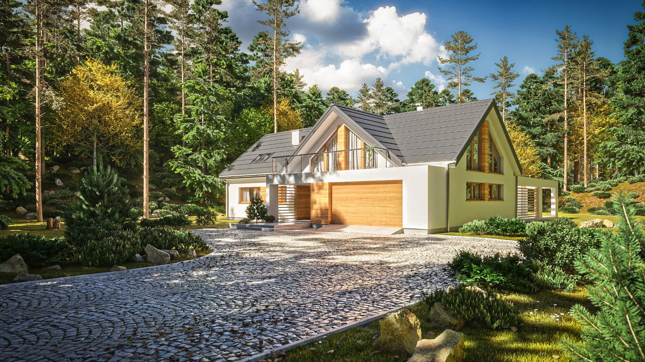 Wizualizacja nowoczesnego domu jednorodzinnego z garażem, otoczonego lasem iglastym i brukowanym podjazdem.