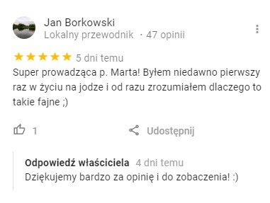 Opinia klienta z Warszawy o zajęciach jogi prowadzonych przez p. Martę, z tekstem wychwalającym pierwsze doświadczenie z jogą.