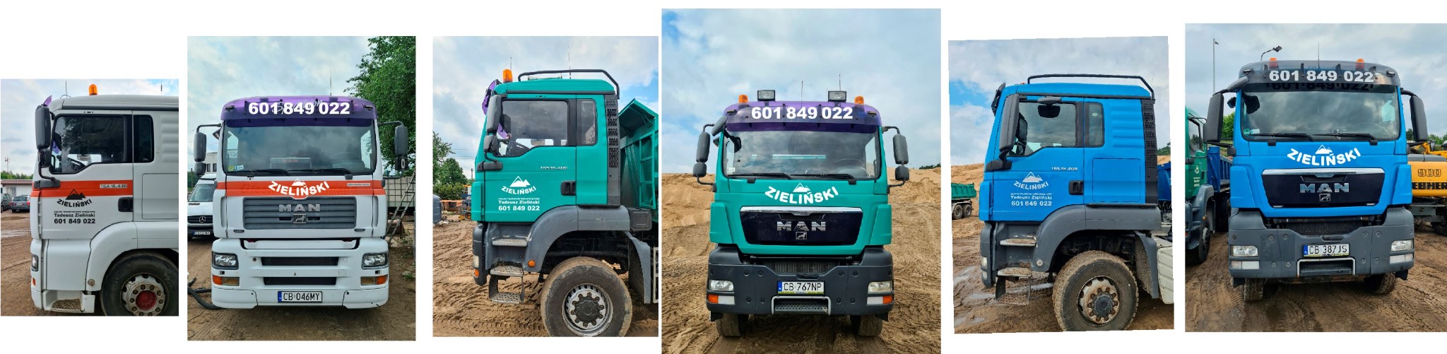 Zestawienie kilku ciężarówek MAN z wywrotkami różnych kolorów (biały, turkusowy, niebieski) firmy transportowej Zieliński, z numerem telefonu 601 849 022 umieszczonym na kabinie, stojących na placu...