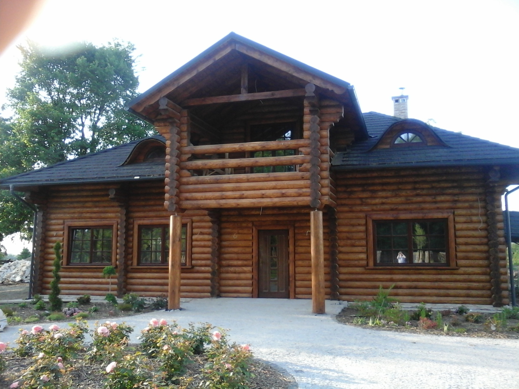 Dwukondygnacyjny dom z bali o ciemnobrązowej barwie drewna, z balkonem, ciemną dachówką i kamiennym kominem, otoczony rabatami z różowymi różami i zielenią.