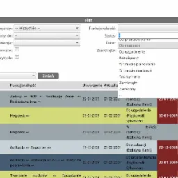Zrzut ekranu interfejsu aplikacji .Net z filtrami i listą zadań, pokazujący statusy realizacji, daty utworzenia i aktualizacji, funkcjonalności, wersje i projekty.