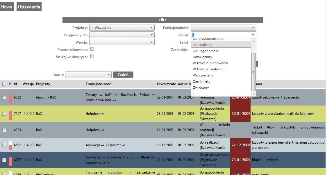 Zrzut ekranu interfejsu aplikacji .Net z filtrami i listą zadań, pokazujący statusy realizacji, daty utworzenia i aktualizacji, funkcjonalności, wersje i projekty.