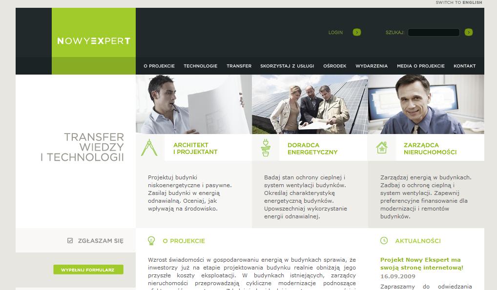 Fragment strony internetowej firmy BizPortal z sekcjami Architekt i Projektant, Doradca Energetyczny i Zarządca Nieruchomości, prezentujący usługi związane z projektowaniem budynków, audytem...