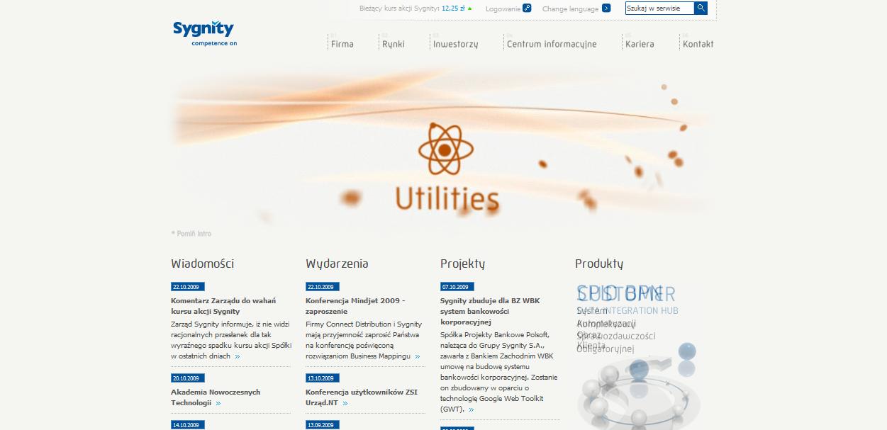 Strona główna firmy Sygnity z menu nawigacyjnym, sekcjami wiadomości, wydarzeń, projektów i produktów; widoczne logo firmy i hasło 'competence on'.