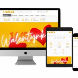 Responsywna strona internetowa sklepu Costa.pl, wyświetlona na monitorze, tablecie i smartfonie, prezentująca ofertę walentynkową z motywem serc i neonowym napisem 'Walentynki'.