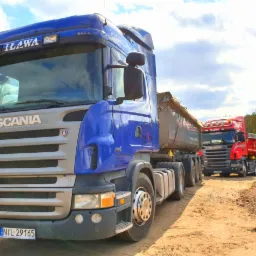 Dwa samochody ciężarowe Scania R420 wywrotki, jeden niebieski z przodu, drugi czerwony w oddali, oba z tabliczkami 'Iława', stojące na piaszczystym terenie w słoneczny dzień.