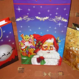 Trzy papierowe torby prezentowe z motywami świątecznymi: Święty Mikołaj, renifery ciągnące sanie na tle księżyca, złote prezenty i ozdoby.