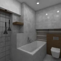 Nowoczesna aranżacja łazienki w Białymstoku z szarymi płytkami imitującymi beton, podwieszaną toaletą z drewnianą obudową, wanną obudowaną płytkami i dekoracyjnymi lampami wiszącymi.