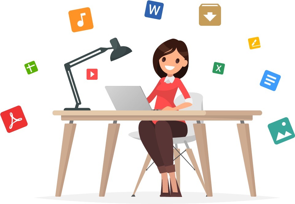 Kobieta siedząca przy biurku z laptopem otoczona ikonami aplikacji biurowych i multimedialnych.