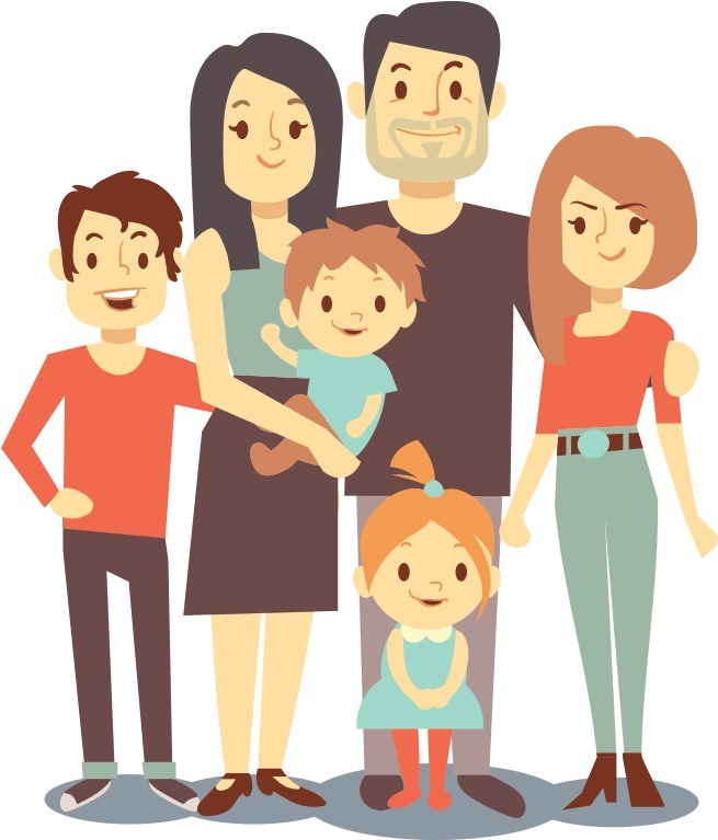 Ilustracja przedstawiająca uśmiechniętą rodzinę: rodzice, nastolatek, małe dziecko trzymane na rękach i dwie dziewczynki, jedna stojąca przed rodzicami.