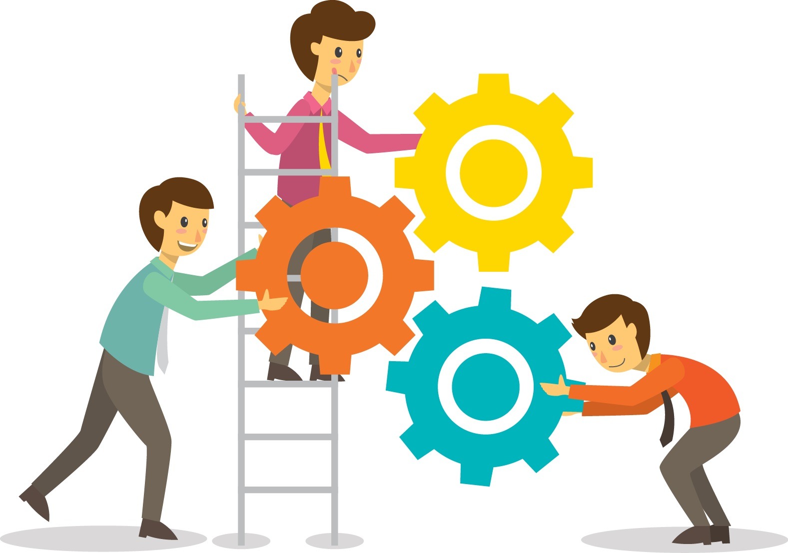 Trzech uśmiechniętych mężczyzn w stylu cartoon współpracuje przy montażu kolorowych kół zębatych: jeden stoi na drabinie, dwaj pozostali pomagają z dołu.