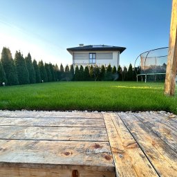 Serwis Systemów Nawadniających Mateusz Misik - Widok na trawnik z perspektywy drewnianego tarasu; w tle dom, rząd tuj i działający zraszacz.