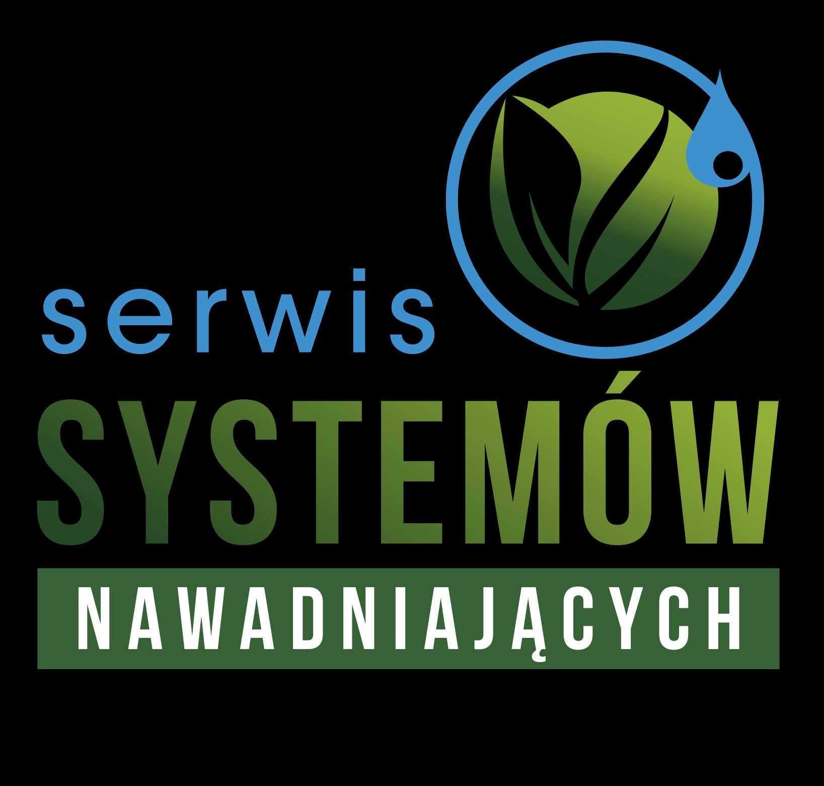 Logo firmy oferującej serwis systemów nawadniających z motywem liści i kropli w okręgu.