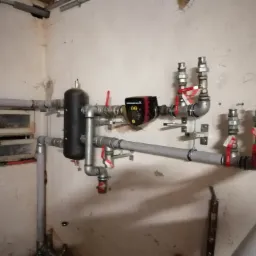 Instalacja grzewcza z czarnym zbiornikiem wyrównawczym, pompą obiegową Grundfos i zaworami z czerwonymi uchwytami zamontowana na ścianie w surowym stanie.