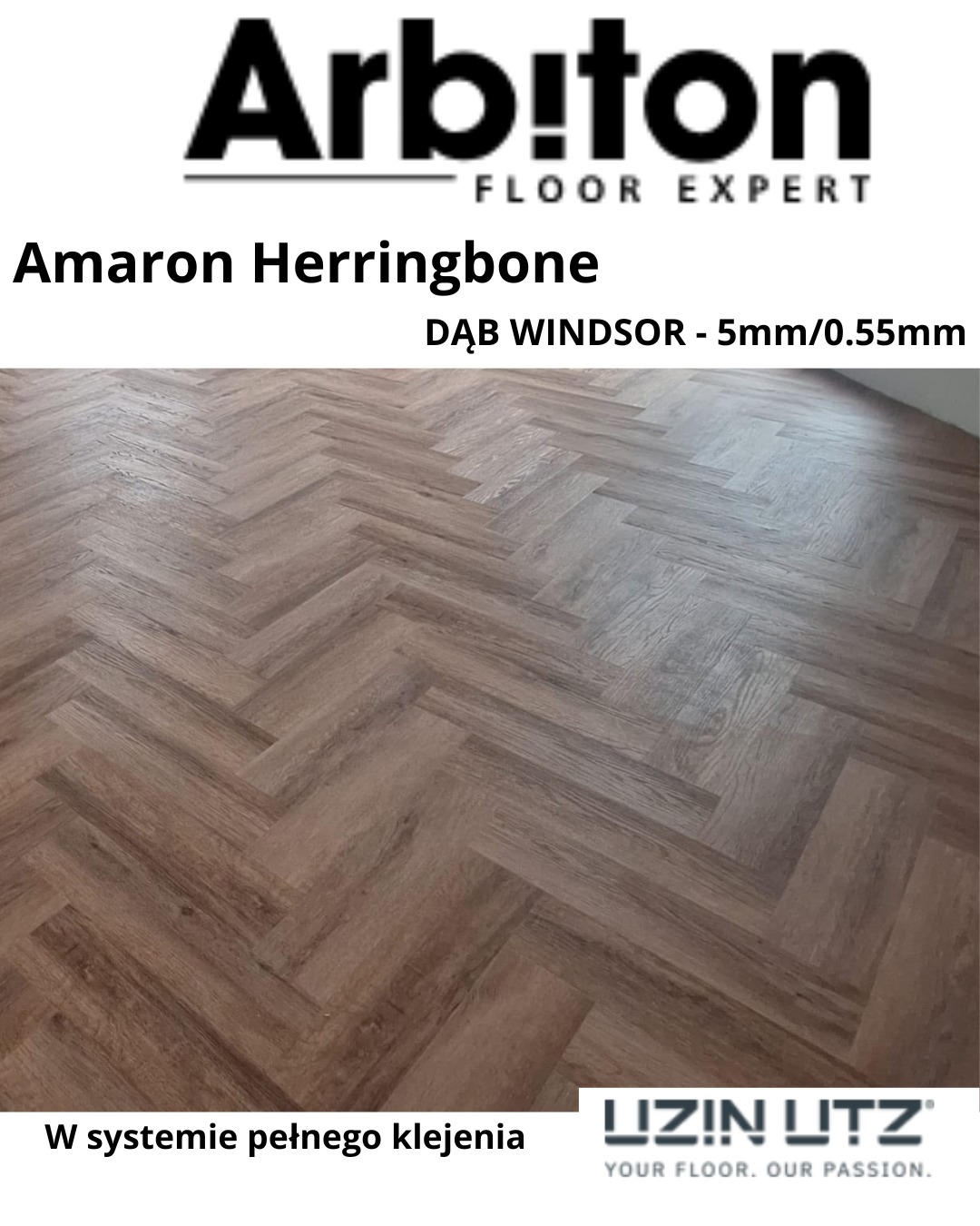 Parkiet dębowy w jodełkę Amaron Herringbone Dąb Windsor 5mm/0.55mm, ułożony w systemie pełnego klejenia, marki Arbiton Floor Expert i Uzin Utz.
