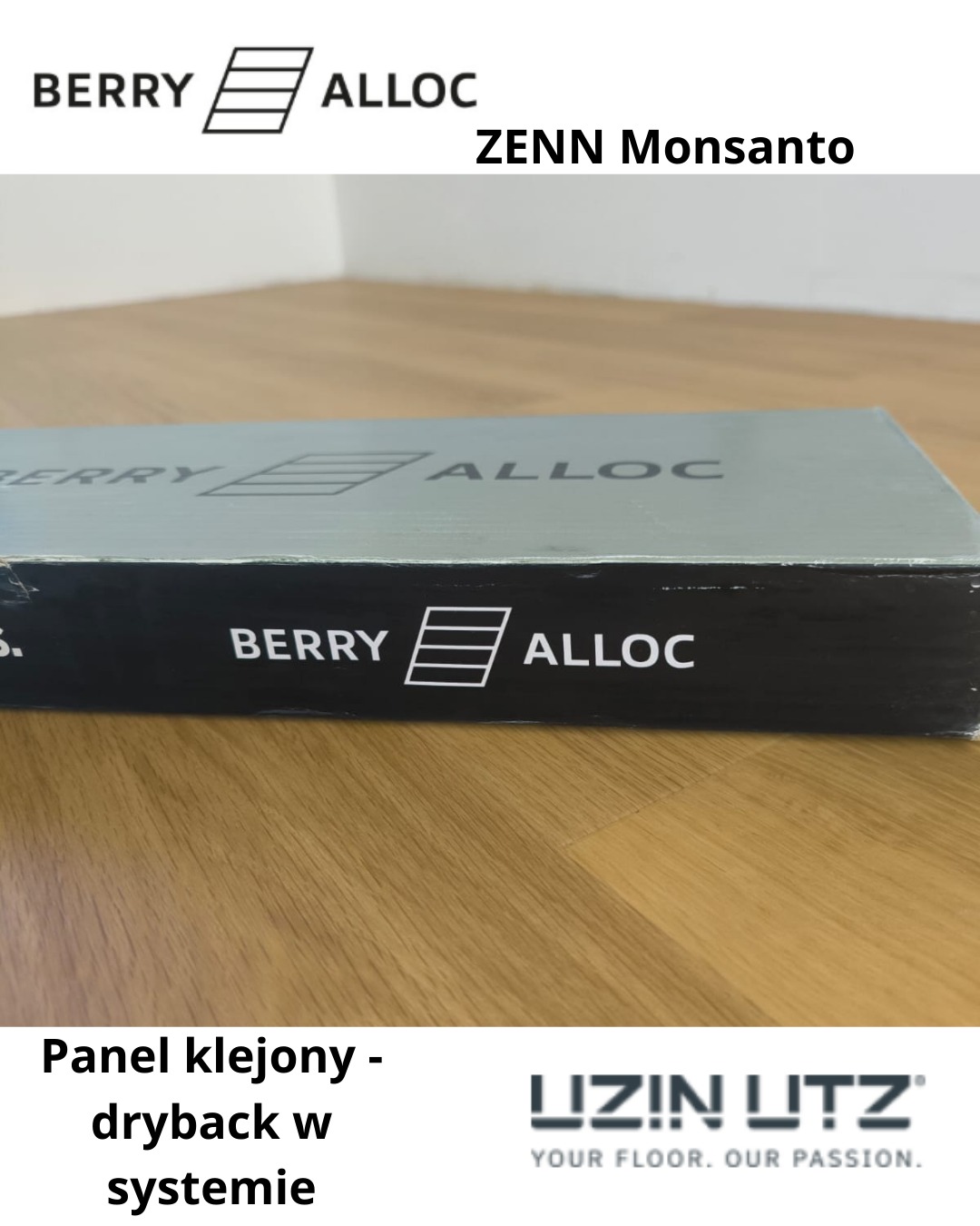 Paczka paneli Berry Alloc Zenn Monsanto, widoczna na podłodze. Panele klejone dryback we Wrocławiu.