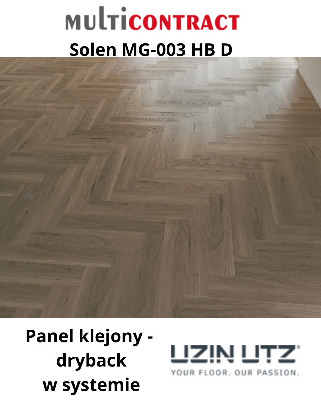 Klejone panele ułożone w jodełkę, model Solen MG-003 HB D, system dryback, marki Lizin Lutz. Widoczne logo MultiContract. Naturalne odcienie drewna, ciepłe oświetlenie.