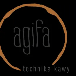 Logo firmy 'agifa technika kawy' w kształcie okręgu z plamy kawy na czarnym tle.