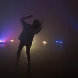 Sylwetka osoby w białej koszuli tańczącej w zadymionym pomieszczeniu oświetlonym przez kolorowe reflektory sceniczne.