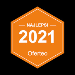 Pomarańczowa odznaka Oferteo 'Najlepsi 2021' na czarnym tle, wskazująca na wyróżnienie firmy w Brzozowie.