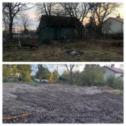Dwa ujęcia terenu: górne przedstawia zaniedbany ogród z budynkiem w tle i śladami ogniska; dolne ukazuje wyrównany, mokry teren z widocznymi śladami opon po maszynach budowlanych.