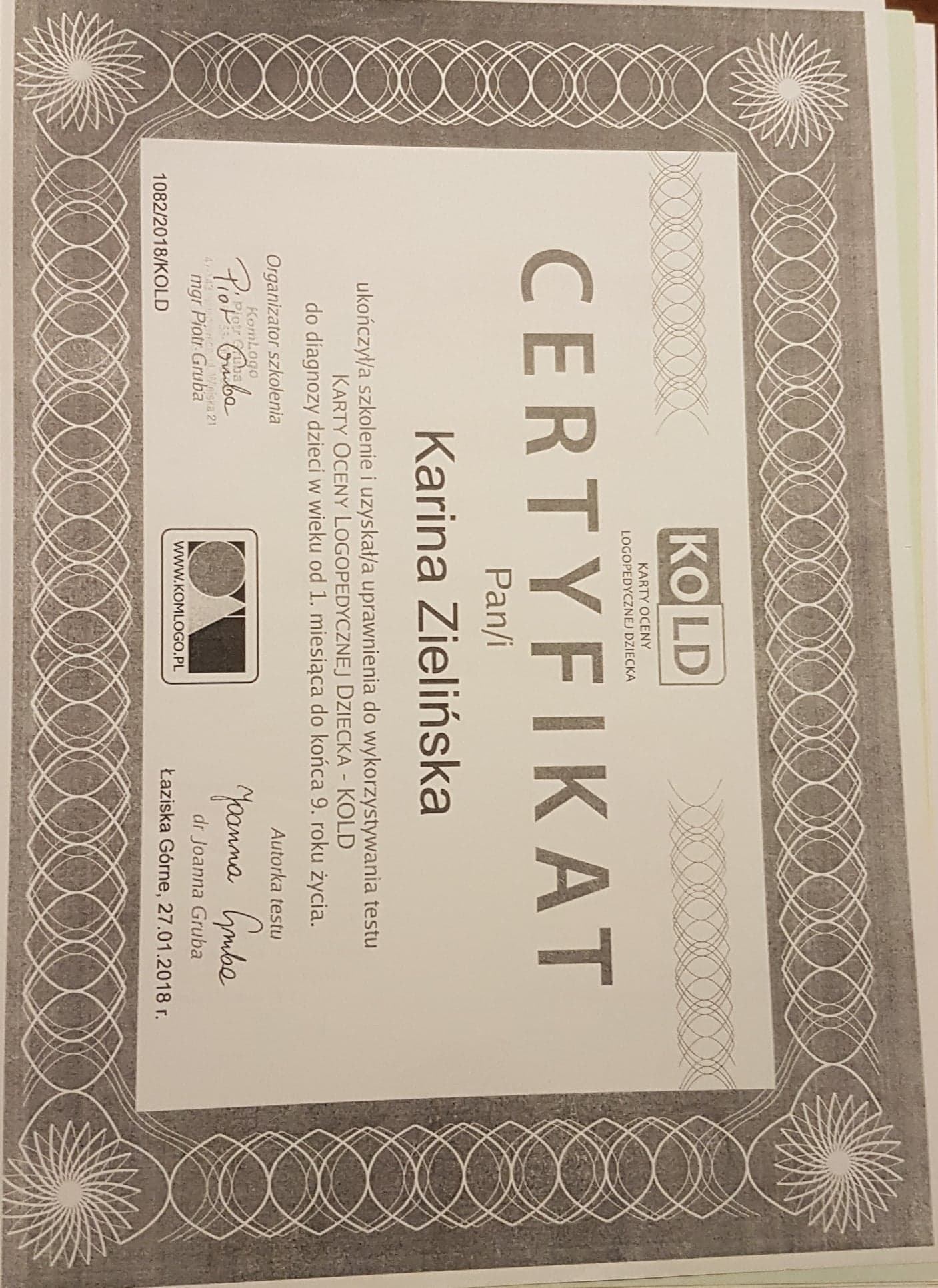 Certyfikat ukończenia szkolenia z zakresu Karty Oceny Logopedycznej Dziecka KOLD, wydany dla Kariny Zielińskiej, z datą wystawienia 27.01.2018.