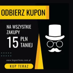 Grafika promocyjna sklepu internetowego z informacją o kuponie rabatowym 15 PLN na wszystkie zakupy, z ikoną wąsatego dżentelmena w cylindrze i okularach.