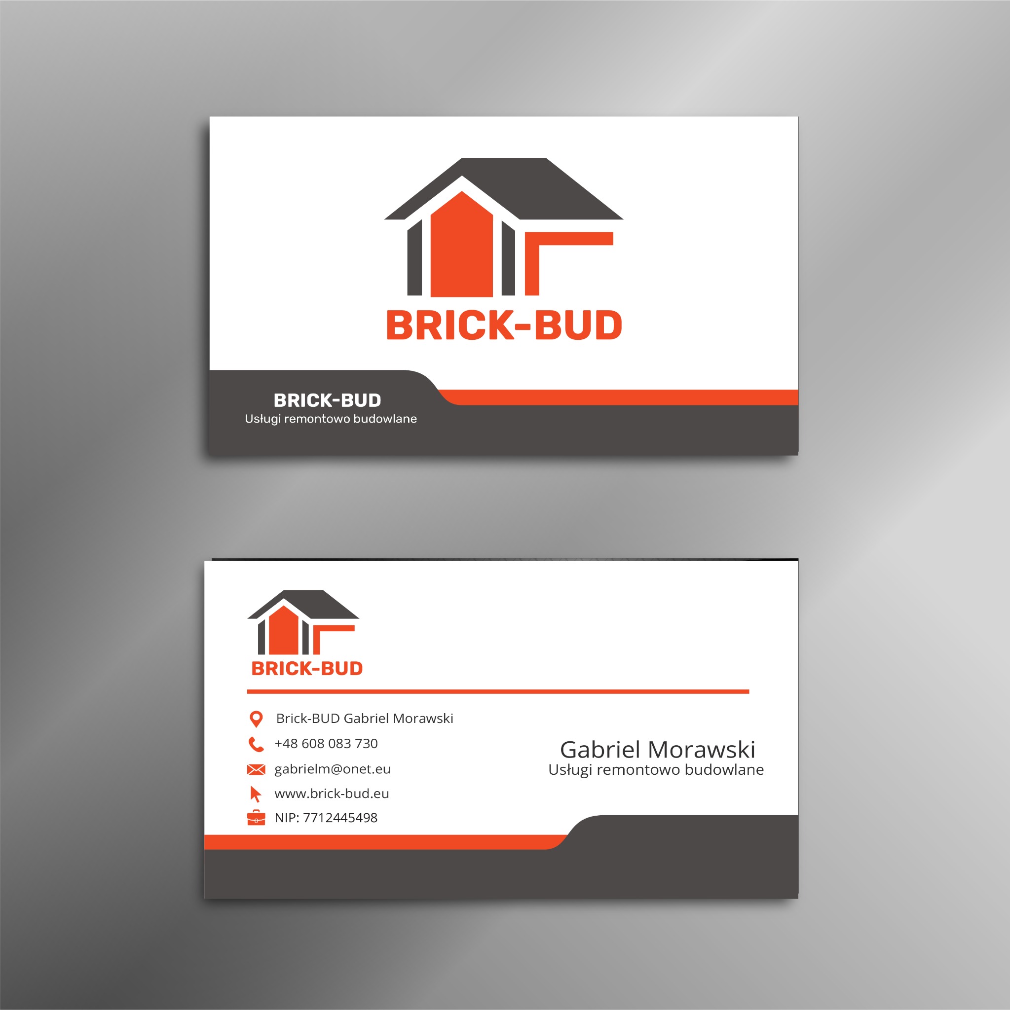Dwie wizytówki firmy remontowo-budowlanej Brick-Bud, z pomarańczowo-szarym logo w kształcie domu, zawierające dane kontaktowe i NIP.