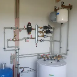 Złożona instalacja grzewcza i hydrauliczna z licznymi rurami, zaworami, manometrami, zbiornikami wyrównawczymi (szarym i białym) oraz bojlerem, zamontowana na jasnej ścianie w pomieszczeniu...