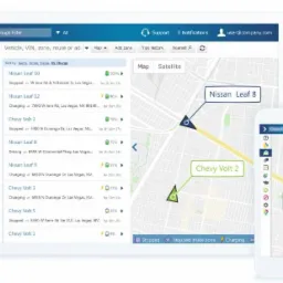 Aplikacja do monitoringu floty pojazdów elektrycznych i hybrydowych w Warszawie, prezentująca na tablecie i smartfonie mapę z lokalizacją pojazdów, poziom naładowania baterii i status ładowania...