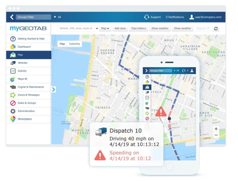 Interfejs oprogramowania do śledzenia pojazdów z mapą Manhattanu, widok z ekranu komputera i smartfona, pokazujący alert o przekroczeniu prędkości i trasę przejazdu.