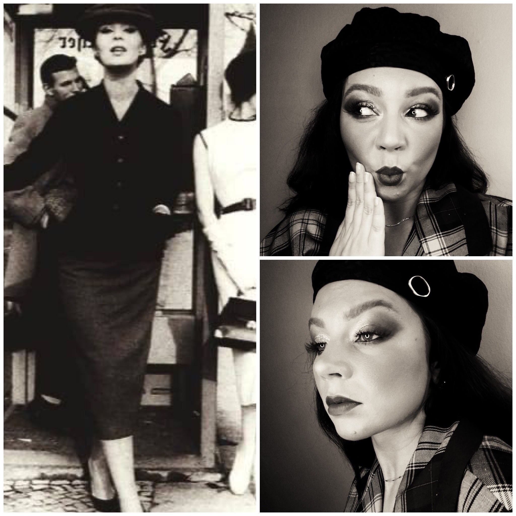 Czarno-biała kompozycja trzech ujęć: klasyczna sylwetka kobiety w kapeluszu z lat 50., zbliżenie na twarz kobiety w beretce z wyrazistym makijażem oczu i ust, oraz profil tej samej kobiety...