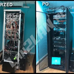 Porównanie stanu szafy serwerowej przed i po uporządkowaniu kabli: po lewej stronie widoczny bałagan kablowy, po prawej uporządkowane przewody w szafie z otwartymi drzwiami.